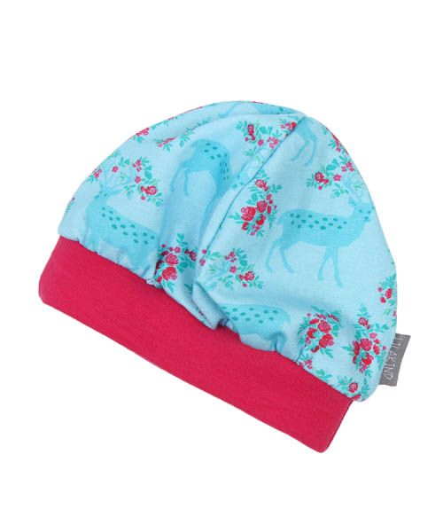 Mütze aus weichem Baumwolle Jersey Blau mit Rose und Reh