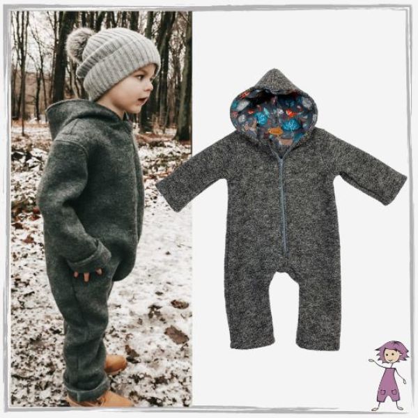 Walkloden Kapuzen Overall Grau Meliert Winter Wald